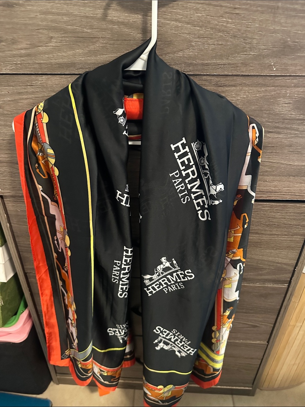 Black Silk Scarf with Orange and Yellow Trim